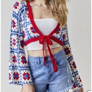 Francesca's Sweater Women's Small Red White Blue Crochet Granny Square Cardigan